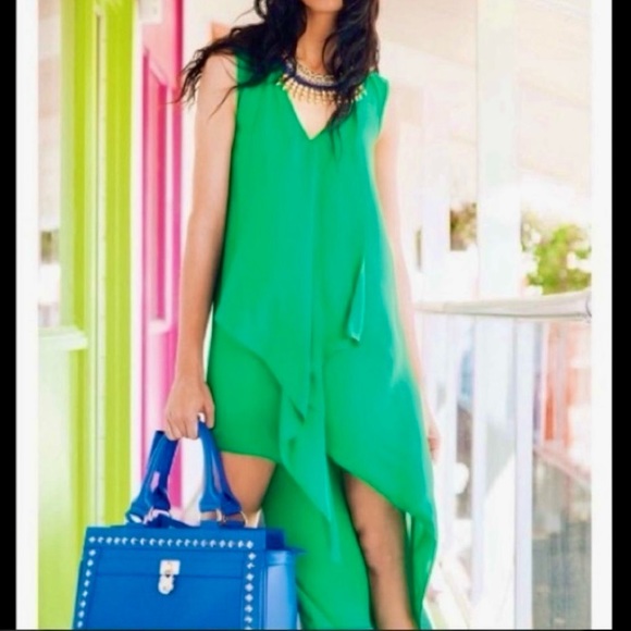 BCBGMaxAzria Tara Sleeveless Cascade Ruffle High-Low Shift Dress Kelly Green - Picture 2 of 3